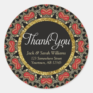 Red Black + Gold Thank You round Stickers