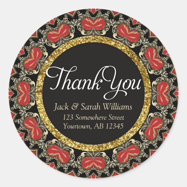 Red Black + Gold Thank You round Stickers (Front)