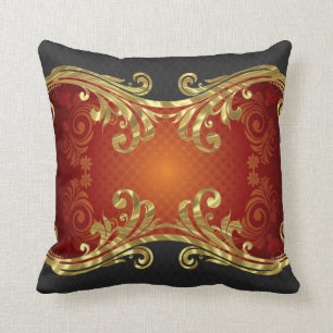 Red Black & Gold Tones Vintage Swirls Design Cushion