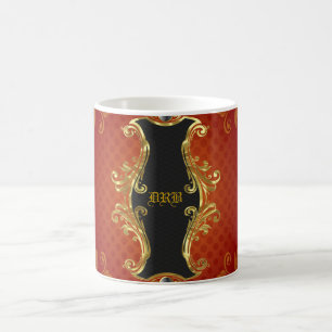 Red Black & Gold Tones Vintage Swirls -Monogram Coffee Mug