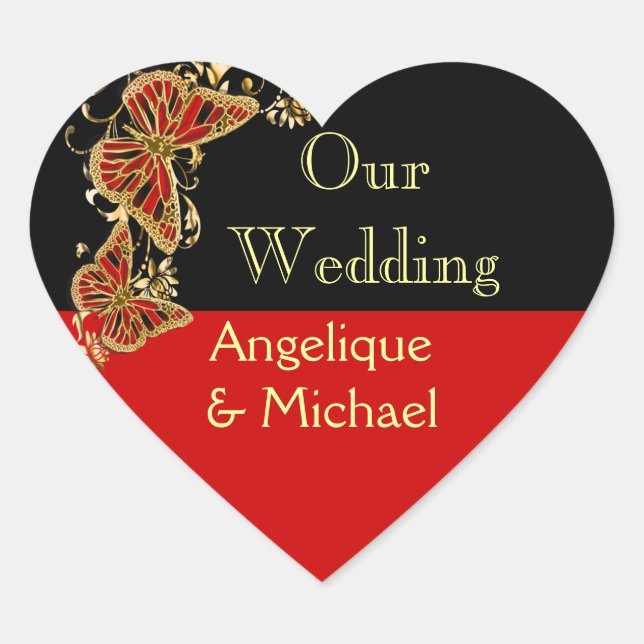Red black gold wedding engagement heart sticker (Front)