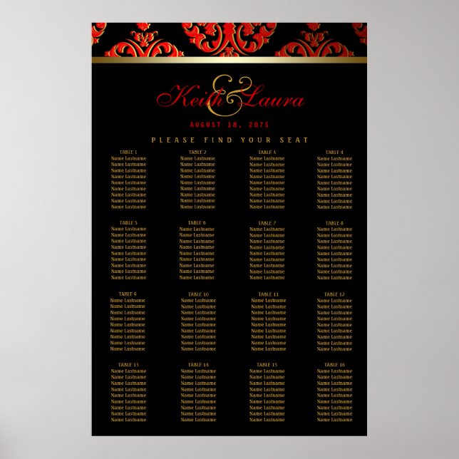 Red Black Gold Wedding Seating Chart (Front)