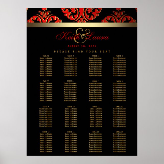 Red Black Gold Wedding Seating Chart (Front)