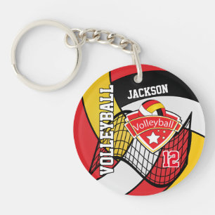 Red, Black, Gold & White Volleyball Design Key Ring