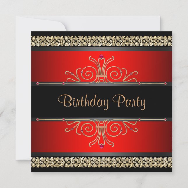 Red Black Gold Womans Birthday Party Invitations (Front)