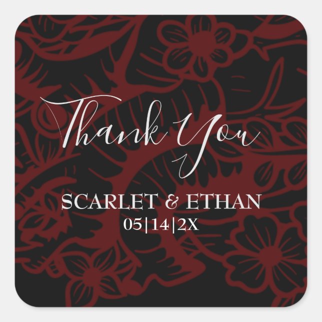 Red & Black Gothic Flower Heart Elegant Wedding Sq Square Sticker (Front)