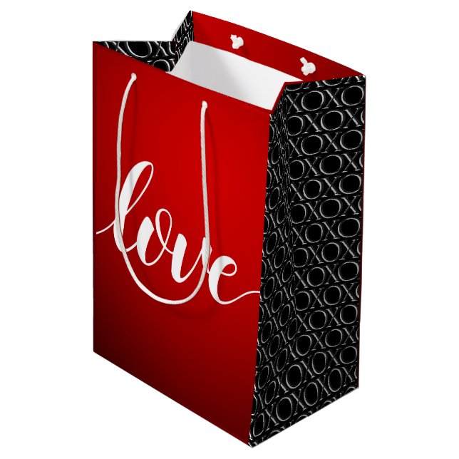 Red Black Gradient Embossed XOXO Handwritten Love Medium Gift Bag (Back Angled)
