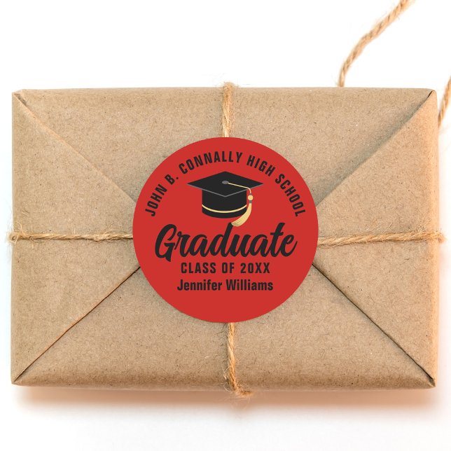 Red Black Graduate Custom Graduation Party Classic Round Sticker (Creator Uploaded)
