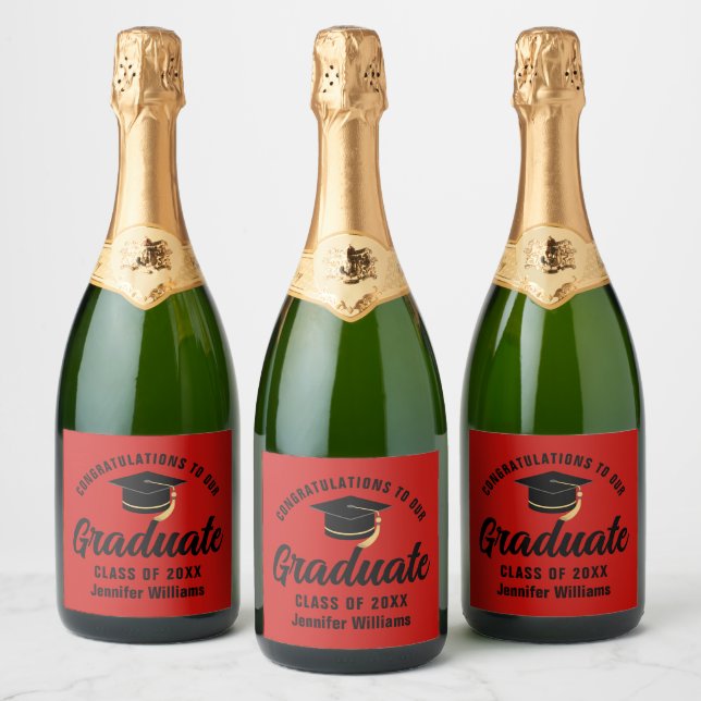 Red Black Graduate Custom Graduation Party Sparkling Wine Label (Bottles)