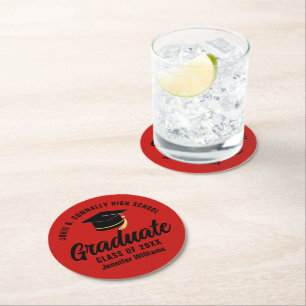 Red Black Graduate Personalised Graduation Party Round Paper Coaster