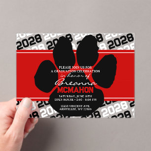 Red & Black Graduation Pawprint Frosted Acrylic Invitations