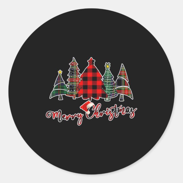 Red Black Green Buffalo Plaid Merry Christmas Tree Classic Round Sticker (Front)