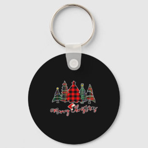 Red Black Green Buffalo Plaid Merry Christmas Tree Key Ring