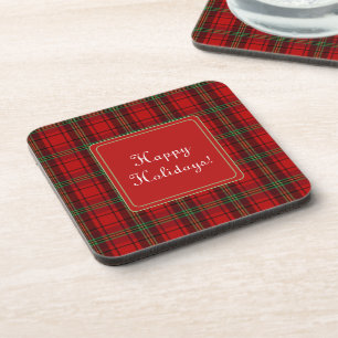 Red Black Green Cosy Plaids Happy Holidays Coaster