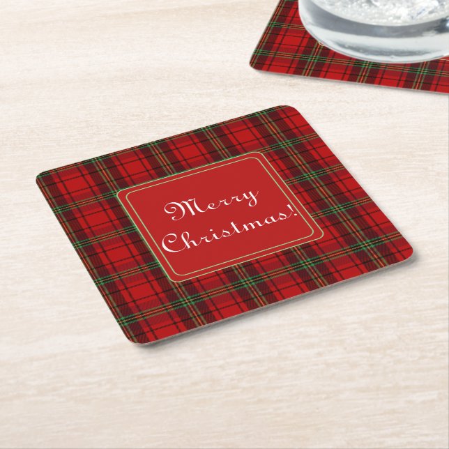 Red Black Green Cosy Plaids Merry Christmas Square Paper Coaster (Angled)
