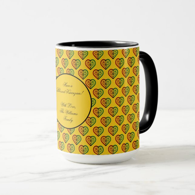 Red Black Green Floral Heart Pattern Happy Kwanzaa Mug (Front Right)