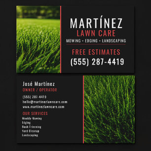 Red & Black Green Grass Lawn Service Landscaping Business Card