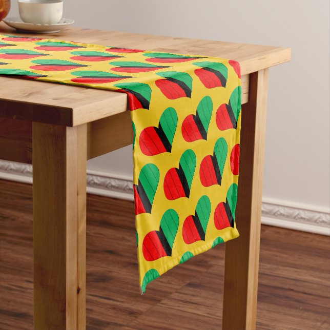 Red Black Green Kinara Striped Hearts Kwanzaa Long Table Runner (In Situ)