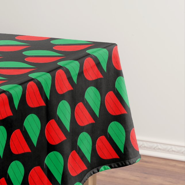Red Black Green Kinara Striped Hearts Kwanzaa Tablecloth (In Situ)