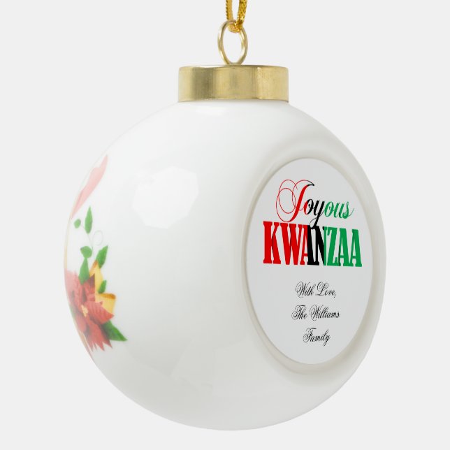 Red Black Green Kinara Striped Joyous Kwanzaa Ceramic Ball Christmas Ornament (Left)