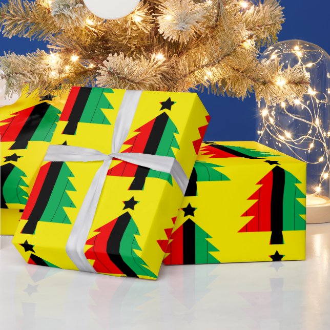 Red Black Green Kwanzaa Christmas Tree Yellow Wrapping Paper (Holidays)
