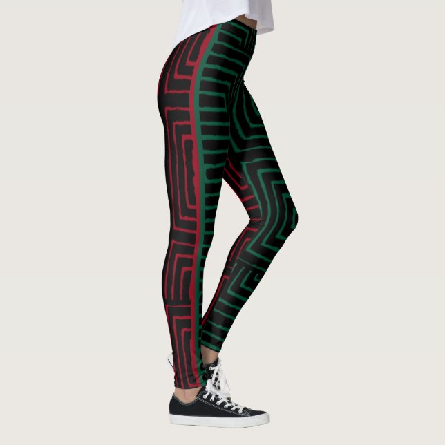 Red Black Green Maze African Mud Cloth Leggings (Right)