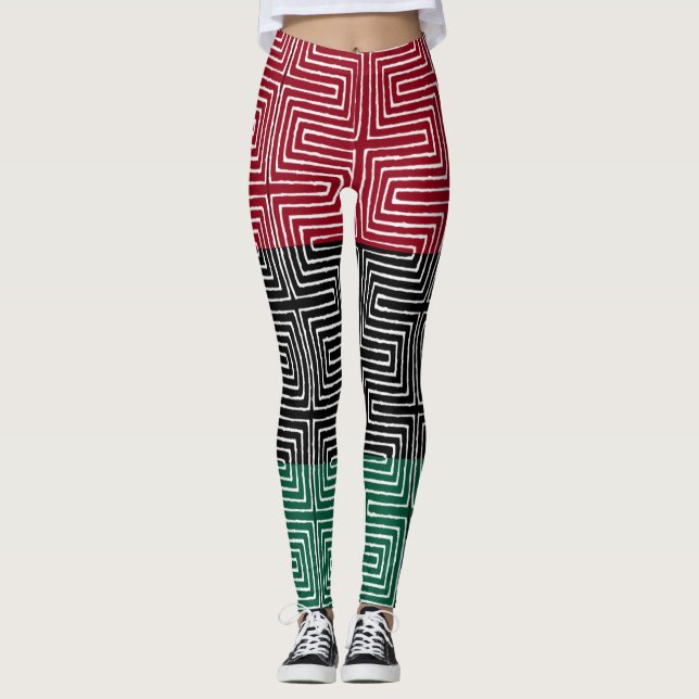 Red Black Green Maze African Mud Cloth Leggings (Front)