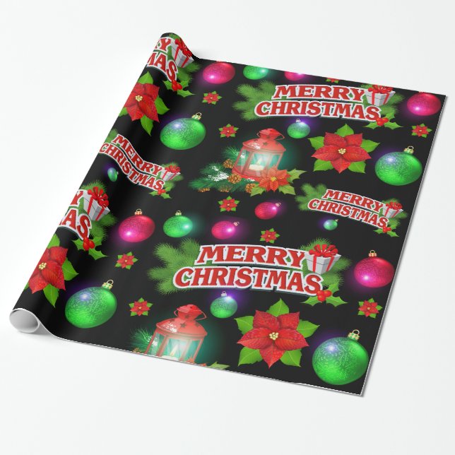 Red Black Green Santa Poinsettia Wrapping Paper (Unrolled)
