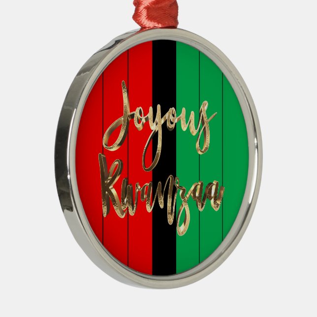 Red Black Green Striped Pattern Joyous Kwanzaa Metal Tree Decoration (Right)