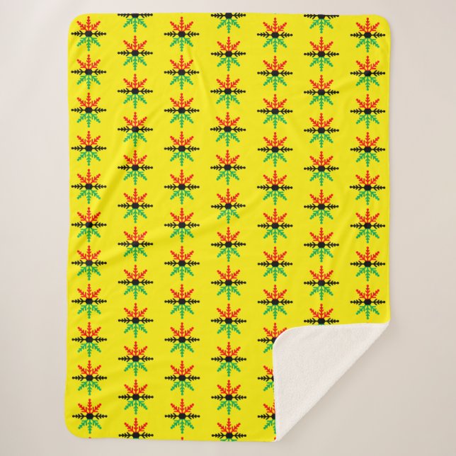Red Black Green Yellow Snowflakes Pattern Kwanzaa Sherpa Blanket (Front)