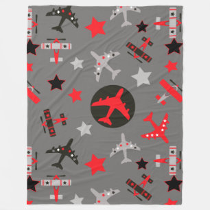 Red Black Grey Aeroplanes Pattern Fleece Blanket