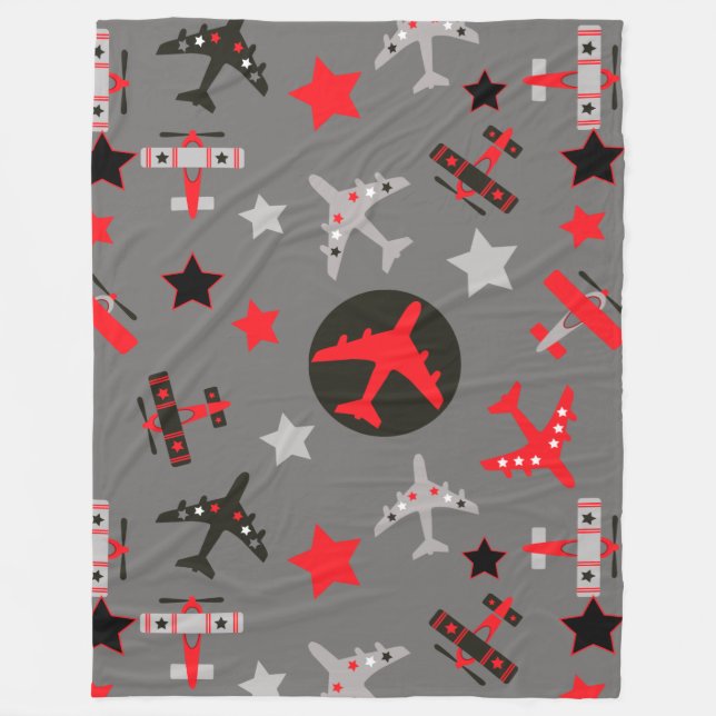 Red Black Grey Aeroplanes Pattern Fleece Blanket (Front)