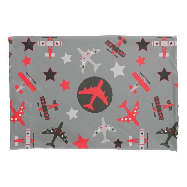 Red Black Grey Aeroplanes Pattern Pillowcase (Front)