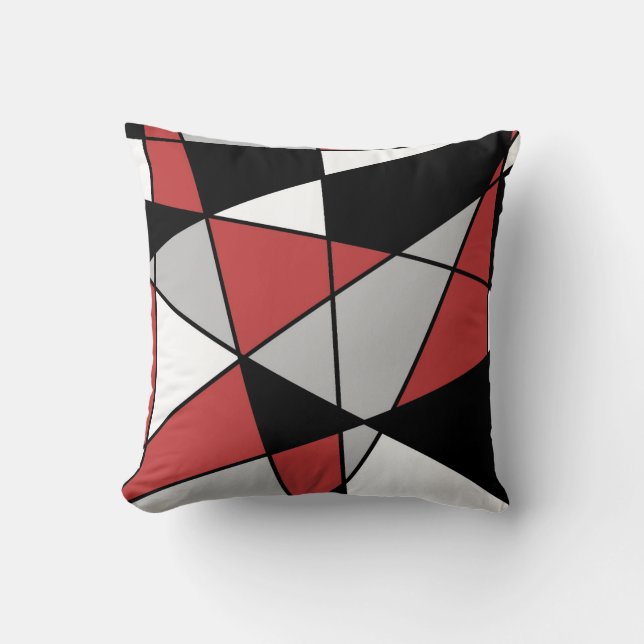 Red Black Grey and White Modern Geometric Pattern Cushion (Front)