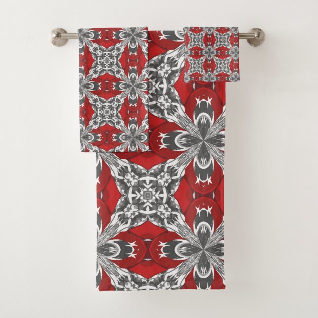 Red Black Grey and White Repeat Tile Pattern Bath Towel Set (Insitu)