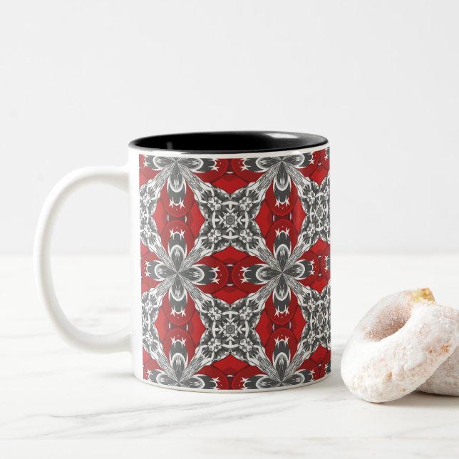 Red Black Grey and White Repeat Tile Pattern Two-Tone Coffee Mug (With Donut)