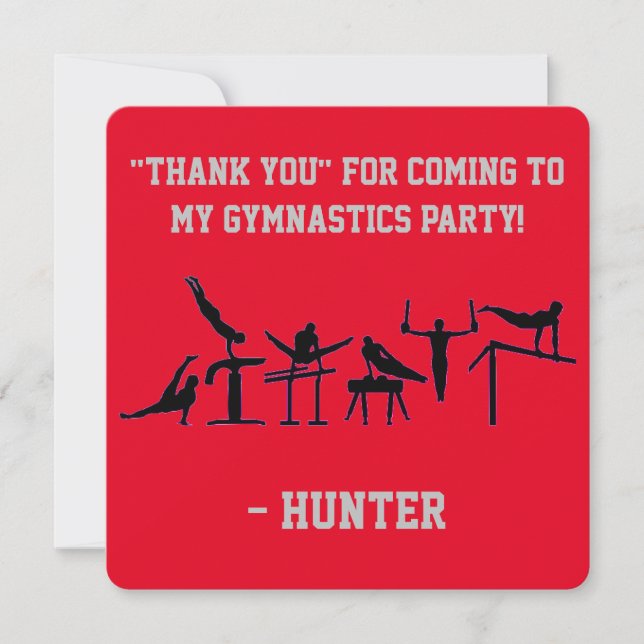 Red / Black / Grey BOYS GYMNASTICS PARTY CUSTOM Thank You Card (Front)