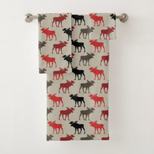 Red Black Grey Moose Pattern Bath Towel Set