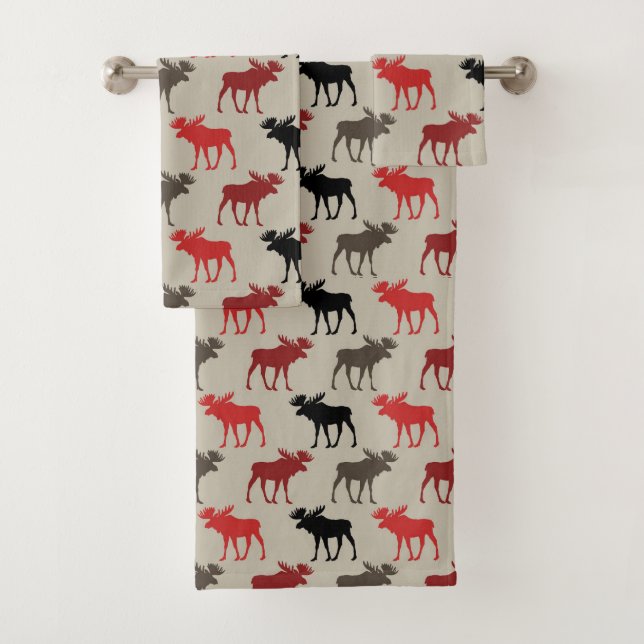 Red Black Grey Moose Pattern Bath Towel Set (Insitu)