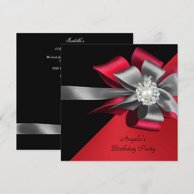 Red Black Grey Silver Bow Pearl Birthday Party Invitation (Front/Back)