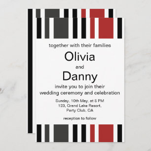 Red Black Grey Vertical Stripes Beach Wedding Invitation