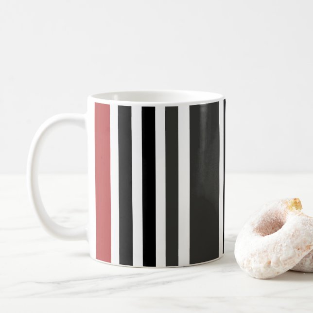 Red Black Grey Vertical Stripes Pattern Coffee Mug (With Donut)