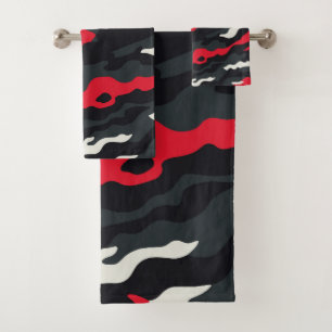 Red Black Grey White Camouflage Camo Pattern Bath Towel Set