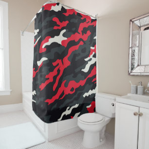 Red Black Grey White Camouflage Camo Pattern Shower Curtain