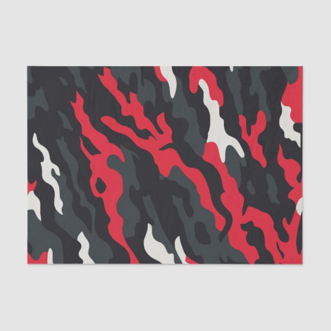 Red Black Grey White Camouflage Camo Pattern Tissue Paper (Front)