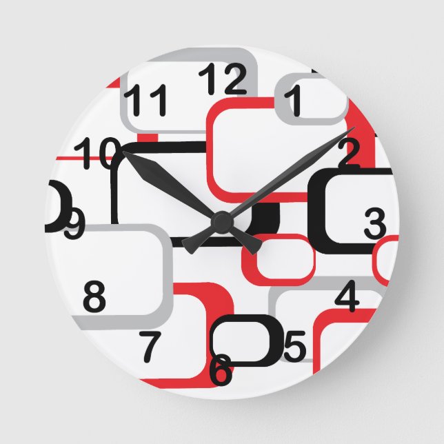 Red Black Grey White Retro Squares Pattern Round Clock (Front)