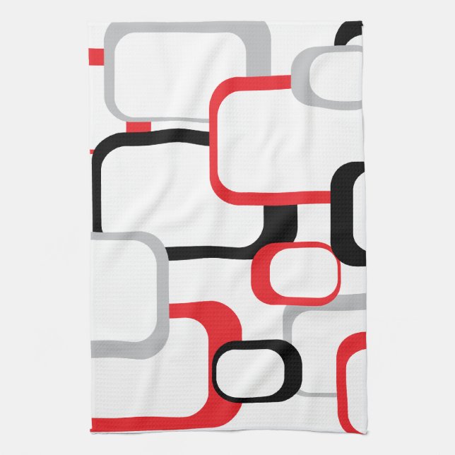 Red Black Grey White Squares Pattern Retro Tea Towel (Vertical)