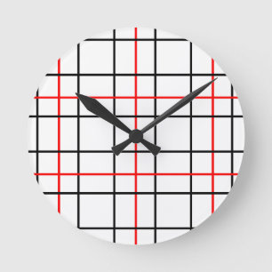 Red Black Grid Lines Plaid Design  Round Clock