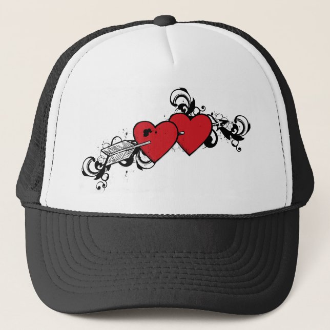 Red black grunge hearts tattoo style hat (Front)