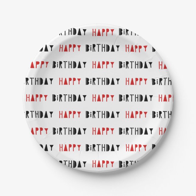 Red & Black Happy Birthday Party Plates (Front)